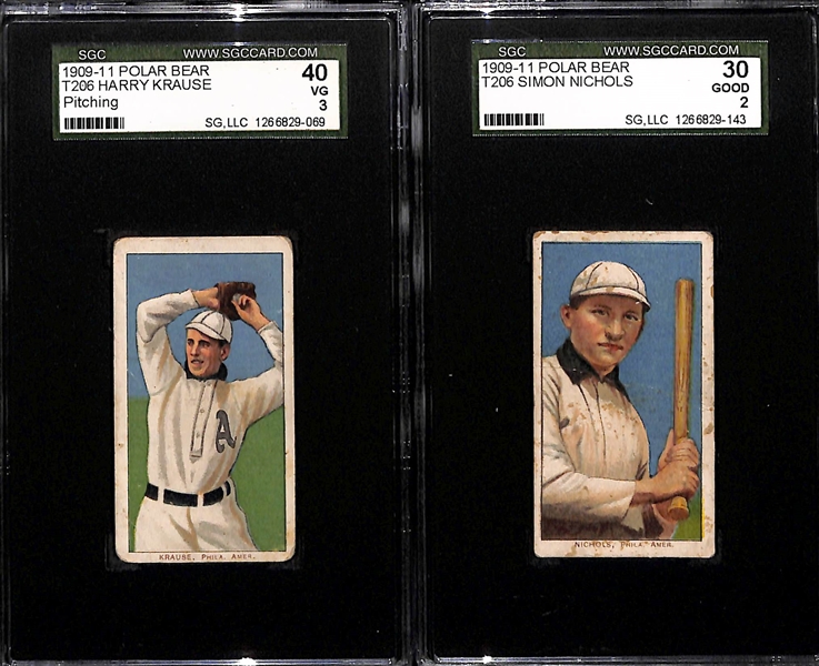 Lot of (2) SGC Graded 1909-11 T206 Philadelphia Athletics Polar Bear Cards - Krause (Pitching) SGC 3, Nichols SGC 2