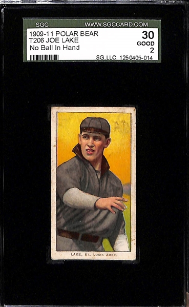 Lot of (2) SGC Graded 1909-11 T206 Joe Lake (St. Louis) Variation Polar Bear Cards - No Ball in Hand SGC 2 and Ball in Hand SGC 3