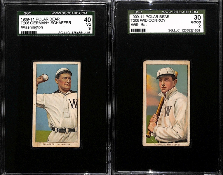Lot of (2) SGC Graded 1909-11 T206 Washington Senators Polar Bear Cards - Conroy (w/ Bat) SGC 2, Schafer (Washington) SGC 3