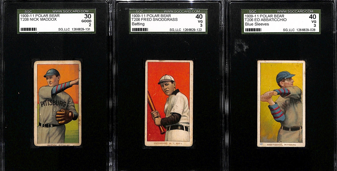 Lot of (3) SGC Graded 1909-11 T206 Polar Bear Cards - Abbaticchio (Pirates/Blue Sleeves) SGC 3, Snodgrass (NY Giants - Batting) SGC 3, Maddox (Pirates) SGC 2