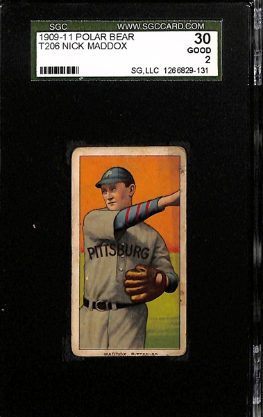 Lot of (3) SGC Graded 1909-11 T206 Polar Bear Cards - Abbaticchio (Pirates/Blue Sleeves) SGC 3, Snodgrass (NY Giants - Batting) SGC 3, Maddox (Pirates) SGC 2