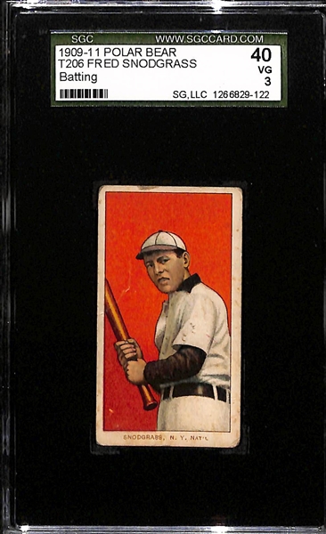 Lot of (3) SGC Graded 1909-11 T206 Polar Bear Cards - Abbaticchio (Pirates/Blue Sleeves) SGC 3, Snodgrass (NY Giants - Batting) SGC 3, Maddox (Pirates) SGC 2