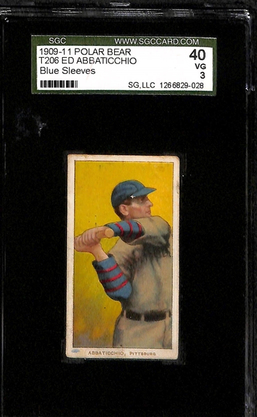 Lot of (3) SGC Graded 1909-11 T206 Polar Bear Cards - Abbaticchio (Pirates/Blue Sleeves) SGC 3, Snodgrass (NY Giants - Batting) SGC 3, Maddox (Pirates) SGC 2