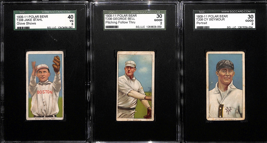 Lot of (3) SGC Graded 1909-11 T206 Polar Bear Cards -Stahl (Red Sox - Glove Shows) SGC 3, Seymour (NY Giants - Portrait) SGC 2, Bell (Dodgers - Follow Through) SGC 2