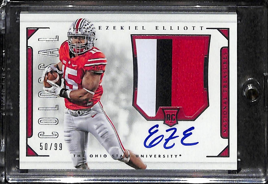 2016 National Treasures Ezekiel Elliott Autographed Rookie Card w/ Colossa 3-Color Patch #ed 50/99 (Ohio State and Dallas Cowboys)