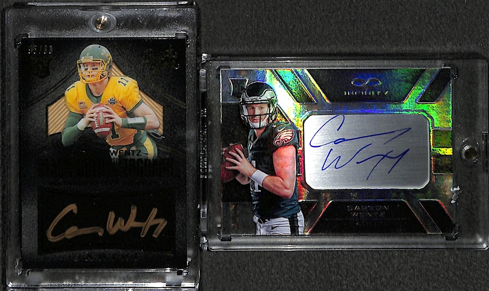 Lot of (2) Carson Wentz Autographed Rookie Cards (Panini Infinity #ed  71/288, and Black Gold #ed 95/99)