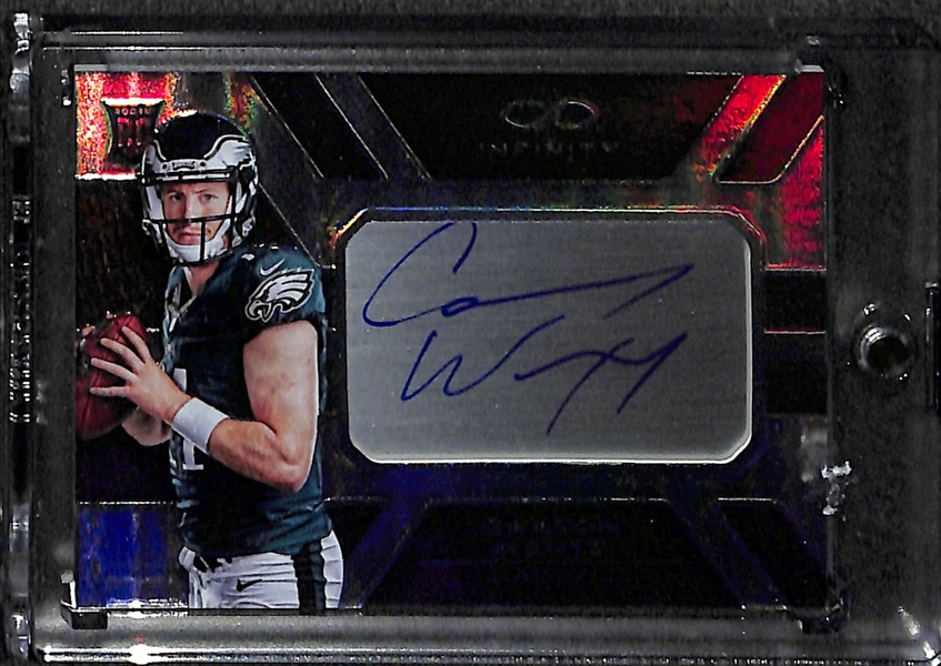 Lot of (2) Carson Wentz Autographed Rookie Cards (Panini Infinity #ed  71/288, and Black Gold #ed 95/99)