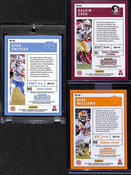 Lot of (3) 2017 Panini Contenders Certified Autograph Football Rookies (Dalvin Cook #/23; Ryan Switzer #/23; and Mike Williams)