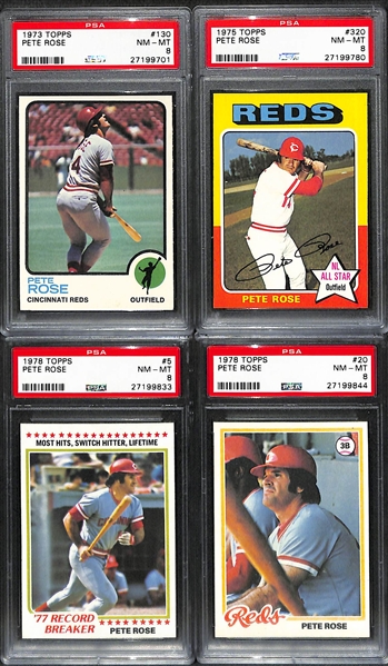Pete Rose PSA 8 Lot of (4) - Includes 1973 Topps (#130) and 1975 Topps (#320)