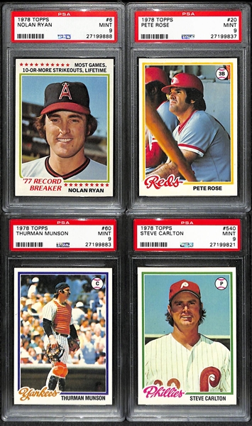 1978 Topps PSA 9 Star Lot - Rose (#20); Munson (#60); Ryan (#6); and Carlton (#540)