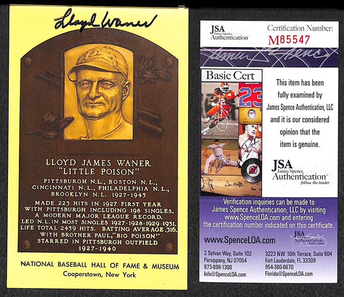 Lloyd Waner Signed Baseball Hall of Fame Plaque Post Card (JSA COA)