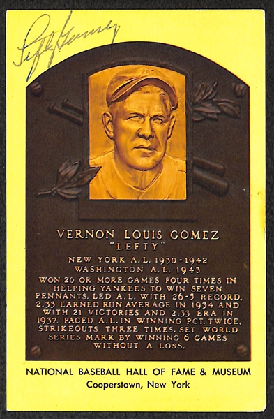 Lefty Gomez Signed Baseball Hall of Fame Plaque Post Card (JSA COA)