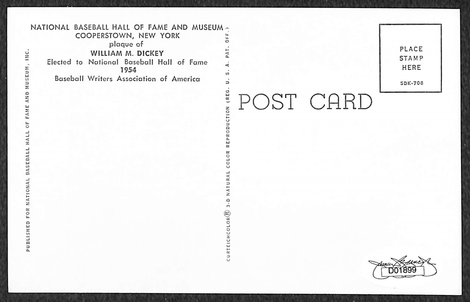 Bill Dickey Signed Baseball Hall of Fame Plaque Post Card (JSA sticker)