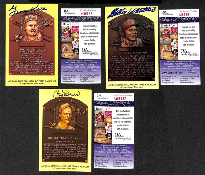 Eddie Matthews, George Kell, and Bobby Doerr Signed Baseball Hall of Fame Plaque Post Cards (w/ JSA COAs) - Lot of (3)