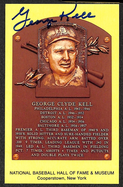 Eddie Matthews, George Kell, and Bobby Doerr Signed Baseball Hall of Fame Plaque Post Cards (w/ JSA COAs) - Lot of (3)