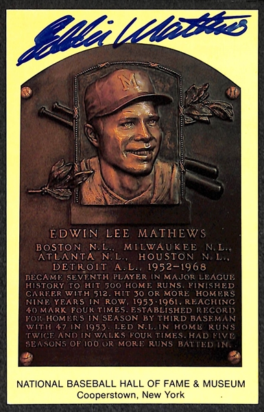 Eddie Matthews, George Kell, and Bobby Doerr Signed Baseball Hall of Fame Plaque Post Cards (w/ JSA COAs) - Lot of (3)