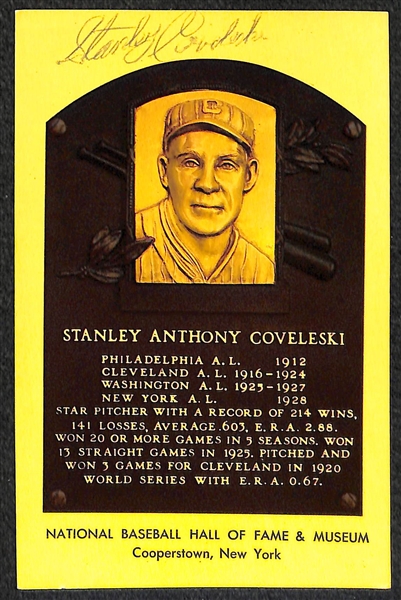Stanley Covelski and Charles Gehringer Signed Baseball Hall of Fame Plaque Post Cards (w/ JSA COAs) - Lot of (2)