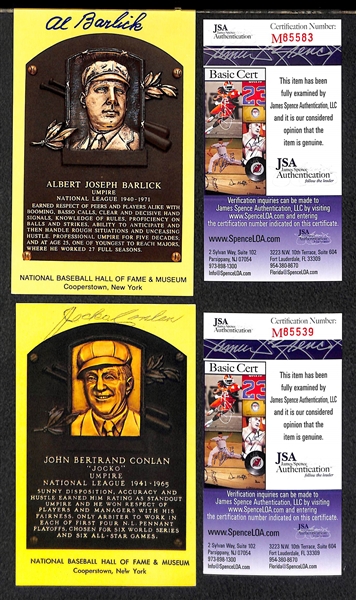 Jocko Conlan and Al Barlick Signed Baseball Hall of Fame Plaque Post Cards (w/ JSA COAs) - Lot of (2)
