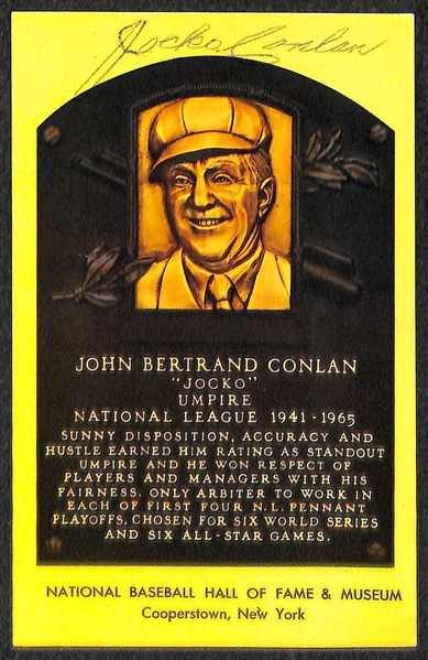 Jocko Conlan and Al Barlick Signed Baseball Hall of Fame Plaque Post Cards (w/ JSA COAs) - Lot of (2)