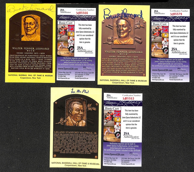 (2) Buck Leonard and (1) Lee MacPhail Signed Baseball Hall of Fame Plaque Post Cards (w/ JSA COAs) - Lot of (3)
