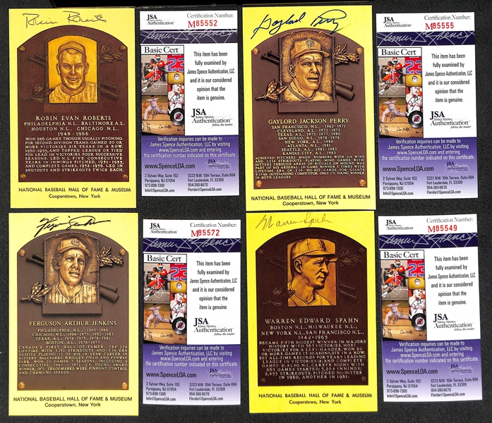 (4) Roberts, Perry, Jenkins, and Spahn Signed Baseball Hall of Fame Plaque Post Cards (w/ JSA COAs) - Lot of (4)