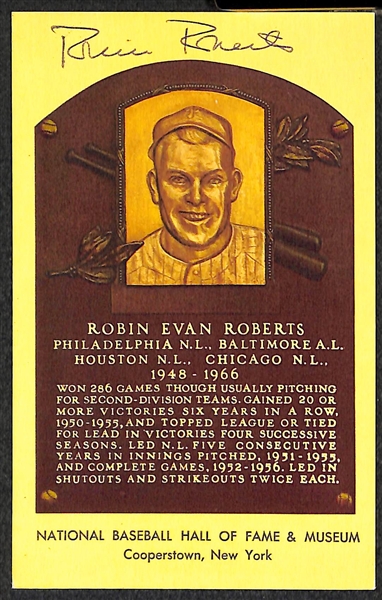(4) Roberts, Perry, Jenkins, and Spahn Signed Baseball Hall of Fame Plaque Post Cards (w/ JSA COAs) - Lot of (4)