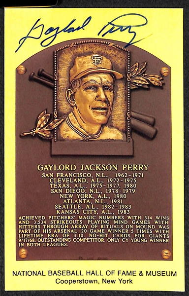 (4) Roberts, Perry, Jenkins, and Spahn Signed Baseball Hall of Fame Plaque Post Cards (w/ JSA COAs) - Lot of (4)