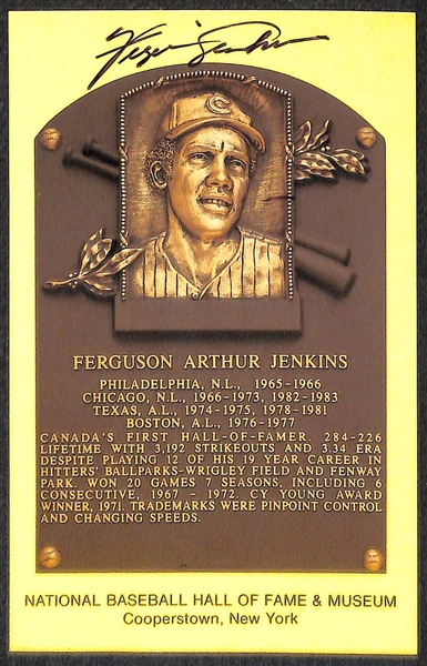 (4) Roberts, Perry, Jenkins, and Spahn Signed Baseball Hall of Fame Plaque Post Cards (w/ JSA COAs) - Lot of (4)