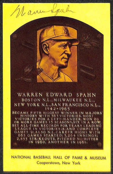 (4) Roberts, Perry, Jenkins, and Spahn Signed Baseball Hall of Fame Plaque Post Cards (w/ JSA COAs) - Lot of (4)