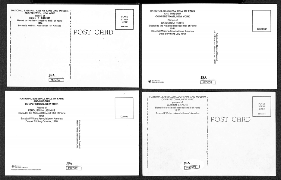 (4) Roberts, Perry, Jenkins, and Spahn Signed Baseball Hall of Fame Plaque Post Cards (w/ JSA COAs) - Lot of (4)
