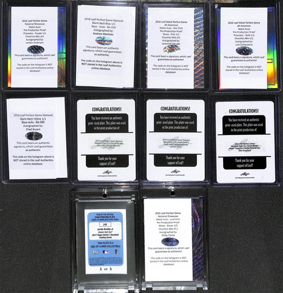 Lot of (8) Baseball Autograph Cards Numbered 1/1 and (2) Baseball Card 1/1 Printing Plates