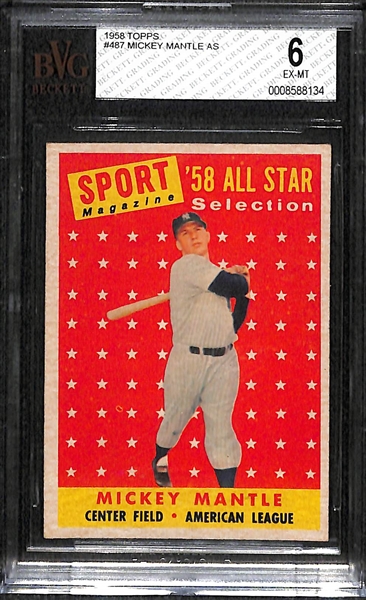 1958 Topps #487 Mickey Mantle All Star Graded BVG 6 (EX-MT)