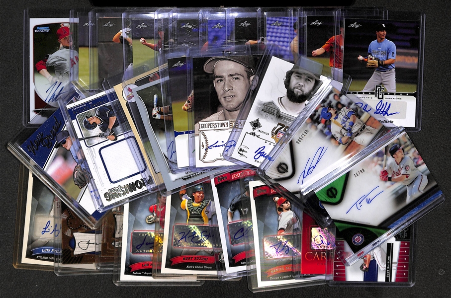 Lot of 30 Certified Baseball Autograph Cards w/ Luis Aparicio, Bruce Sutter, Kyle Schwarber, Trea Turner, Adam Haseley (Phillies) #ed/25, and Stephen Piscotty
