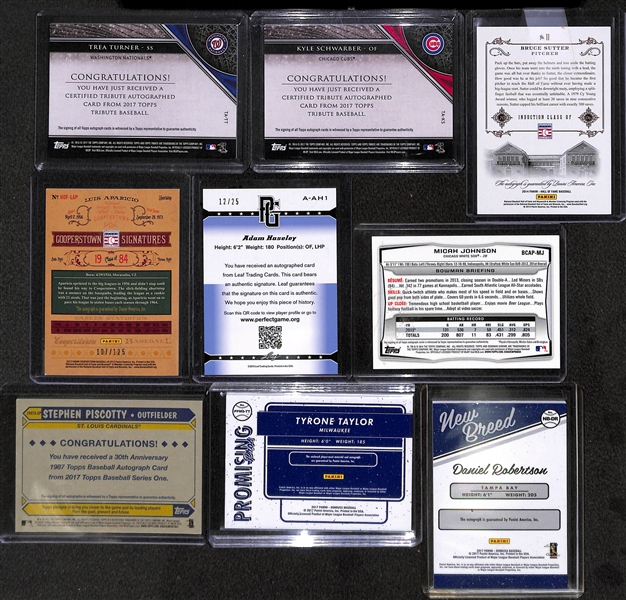 Lot of 30 Certified Baseball Autograph Cards w/ Luis Aparicio, Bruce Sutter, Kyle Schwarber, Trea Turner, Adam Haseley (Phillies) #ed/25, and Stephen Piscotty