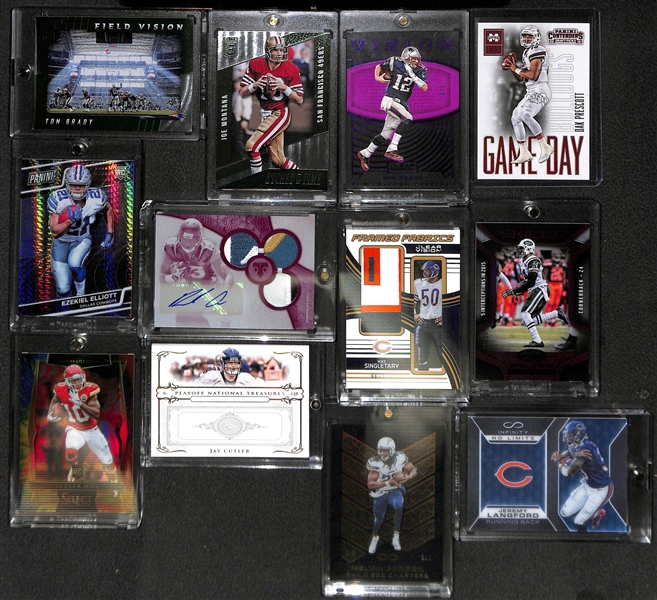 Lot of (12) Rare Recent Football Insert, Star, Rookie Cards w/ (2) Tom Brady (inc Panini Clear Vision #8/9), Elliott, Prescott, Montana