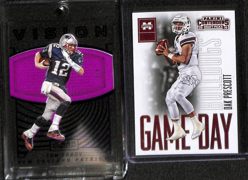 Lot of (12) Rare Recent Football Insert, Star, Rookie Cards w/ (2) Tom Brady (inc Panini Clear Vision #8/9), Elliott, Prescott, Montana