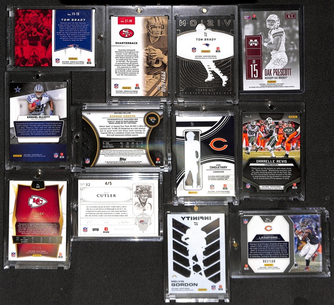Lot of (12) Rare Recent Football Insert, Star, Rookie Cards w/ (2) Tom Brady (inc Panini Clear Vision #8/9), Elliott, Prescott, Montana