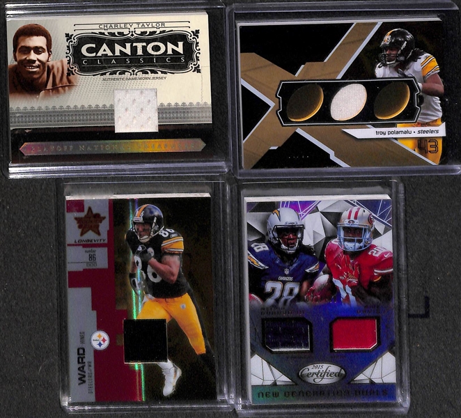 Lot of (45) Certified Football Relic/Jersey Cards w/ Winston, A. Cooper, Hines Ward, A. Petereson, Troy Polamalu,Peyton Manning, Eli Manning, Roger Staubach, D. McNabb, +