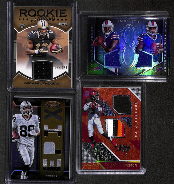 Lot of (45) Certified Football Relic/Jersey Cards w/ Winston, A. Cooper, Hines Ward, A. Petereson, Troy Polamalu,Peyton Manning, Eli Manning, Roger Staubach, D. McNabb, +