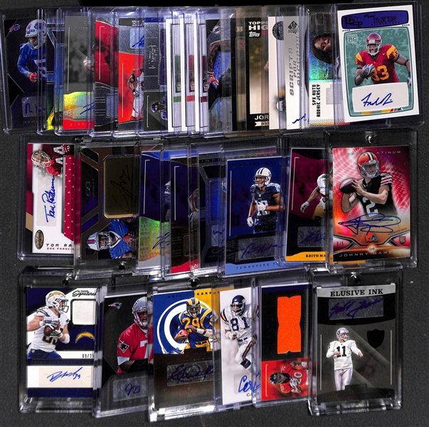 Lot of (30) Certified Football Autograph Cards Dickerson, Eller, Booker, Rathman, Woodhead, Brissett, Janikowski, +