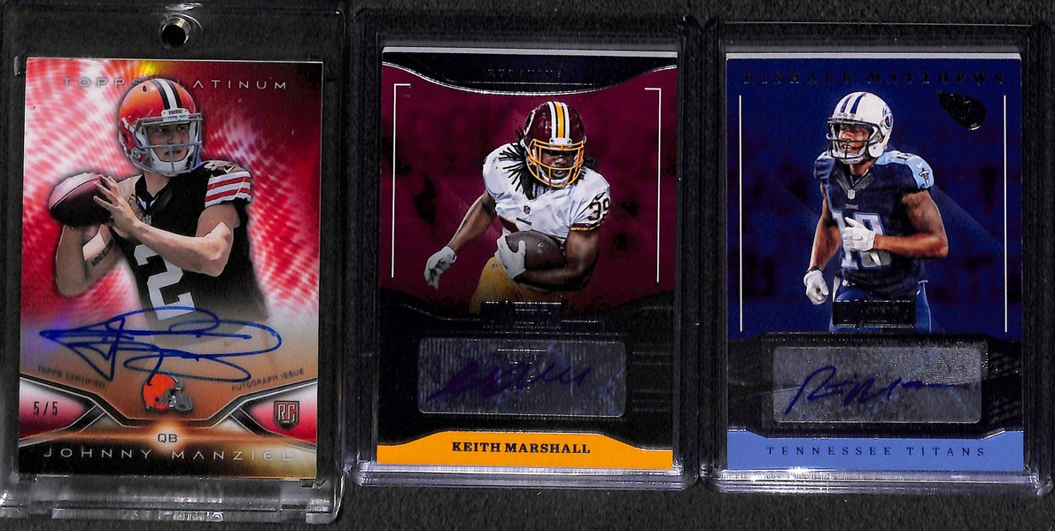 Lot of (30) Certified Football Autograph Cards Dickerson, Eller, Booker, Rathman, Woodhead, Brissett, Janikowski, +