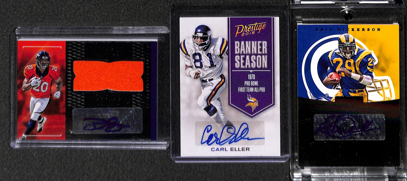 Lot of (30) Certified Football Autograph Cards Dickerson, Eller, Booker, Rathman, Woodhead, Brissett, Janikowski, +