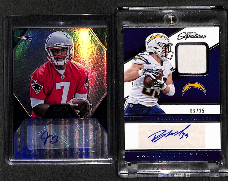 Lot of (30) Certified Football Autograph Cards Dickerson, Eller, Booker, Rathman, Woodhead, Brissett, Janikowski, +