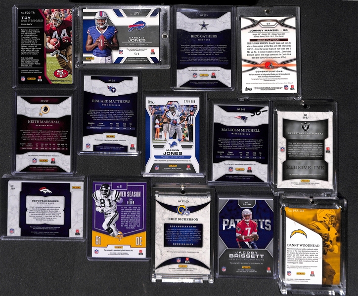 Lot of (30) Certified Football Autograph Cards Dickerson, Eller, Booker, Rathman, Woodhead, Brissett, Janikowski, +