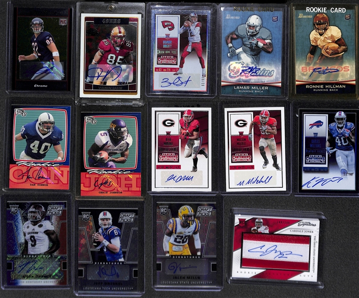Lot of (59) Certified Football Autograph Cards (mostly rookies) w/  Makcolm Mitchell, Keith Marshall, Chris Johnson, Dan Conner, Lamar Miller, Ronnie Hillman, Brandon Doughty (#/99), Vernon Davis,...