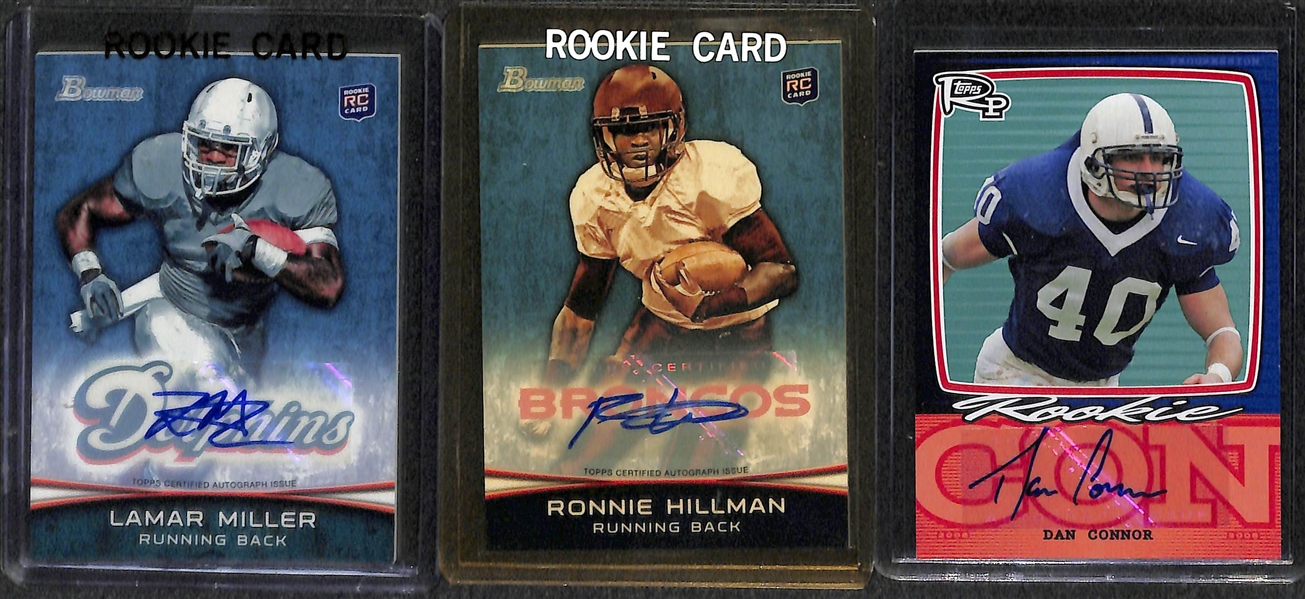 Lot of (59) Certified Football Autograph Cards (mostly rookies) w/  Makcolm Mitchell, Keith Marshall, Chris Johnson, Dan Conner, Lamar Miller, Ronnie Hillman, Brandon Doughty (#/99), Vernon Davis,...
