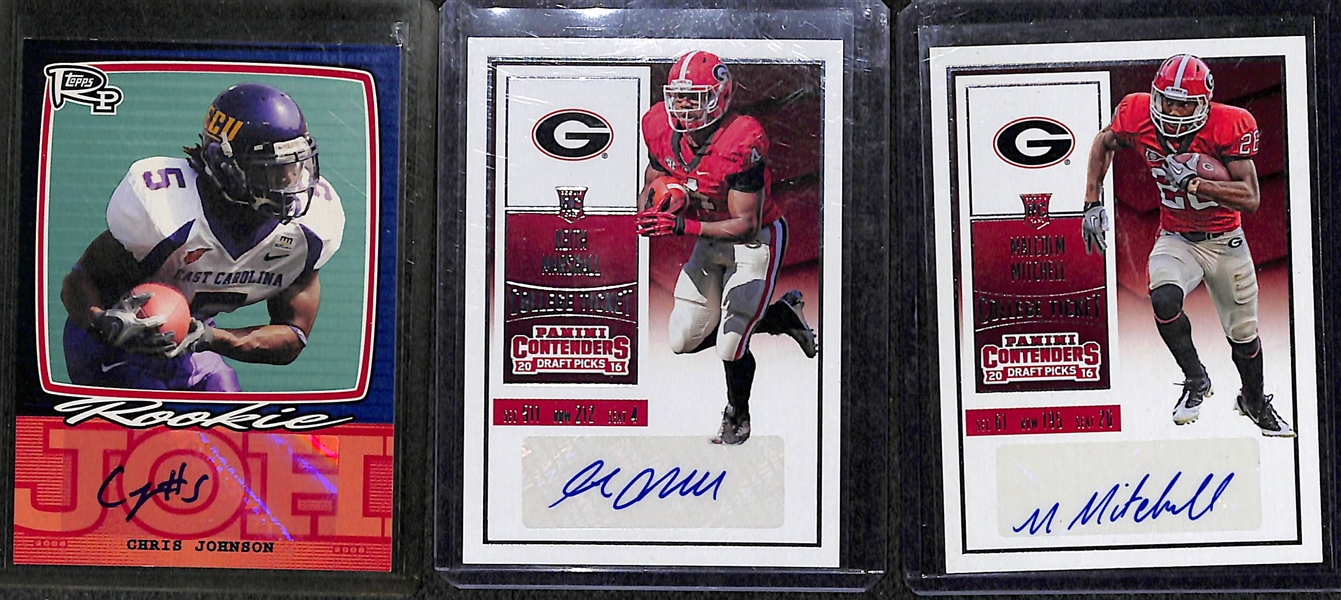 Lot of (59) Certified Football Autograph Cards (mostly rookies) w/  Makcolm Mitchell, Keith Marshall, Chris Johnson, Dan Conner, Lamar Miller, Ronnie Hillman, Brandon Doughty (#/99), Vernon Davis,...