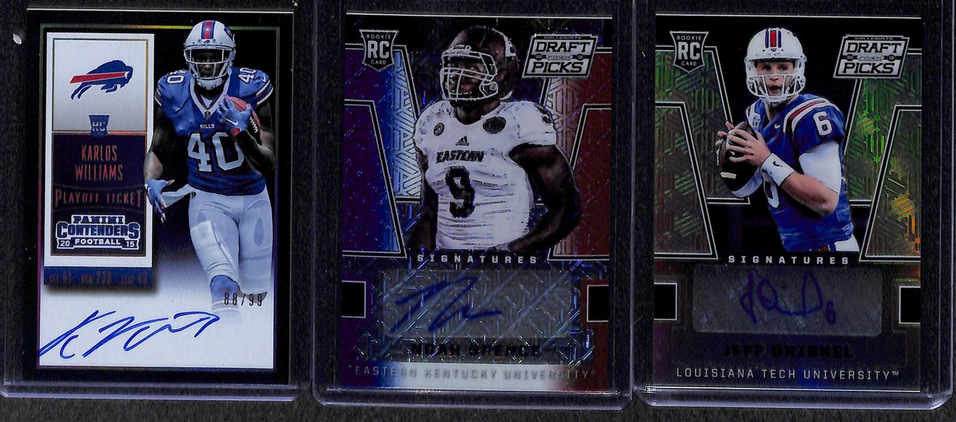 Lot of (59) Certified Football Autograph Cards (mostly rookies) w/  Makcolm Mitchell, Keith Marshall, Chris Johnson, Dan Conner, Lamar Miller, Ronnie Hillman, Brandon Doughty (#/99), Vernon Davis,...