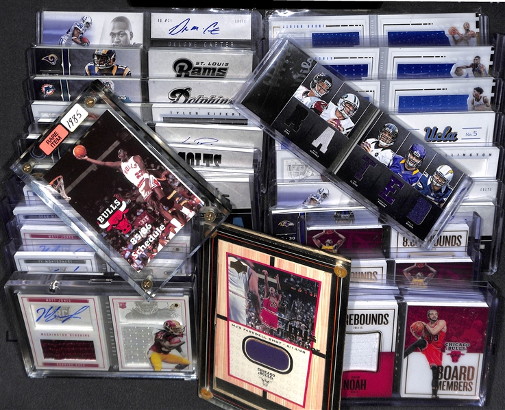 Lot of 26 Football & Basketball Booklet Autograph & Jersey Cards w. Michael Jordan Schedule (1985) & Floor Relics