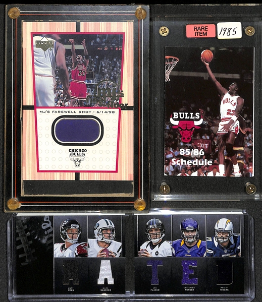 Lot of 26 Football & Basketball Booklet Autograph & Jersey Cards w. Michael Jordan Schedule (1985) & Floor Relics